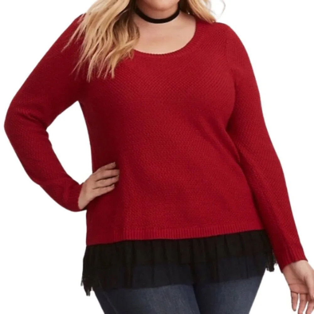 Torrid Womens 2X Wool Red Tulle Trim Sweater